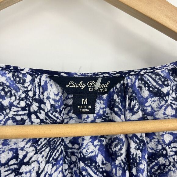 Lucky Brand Top Size Medium Women Blue Blouse Geo Print Eyelet Peasant V Neck - Picture 3 of 6